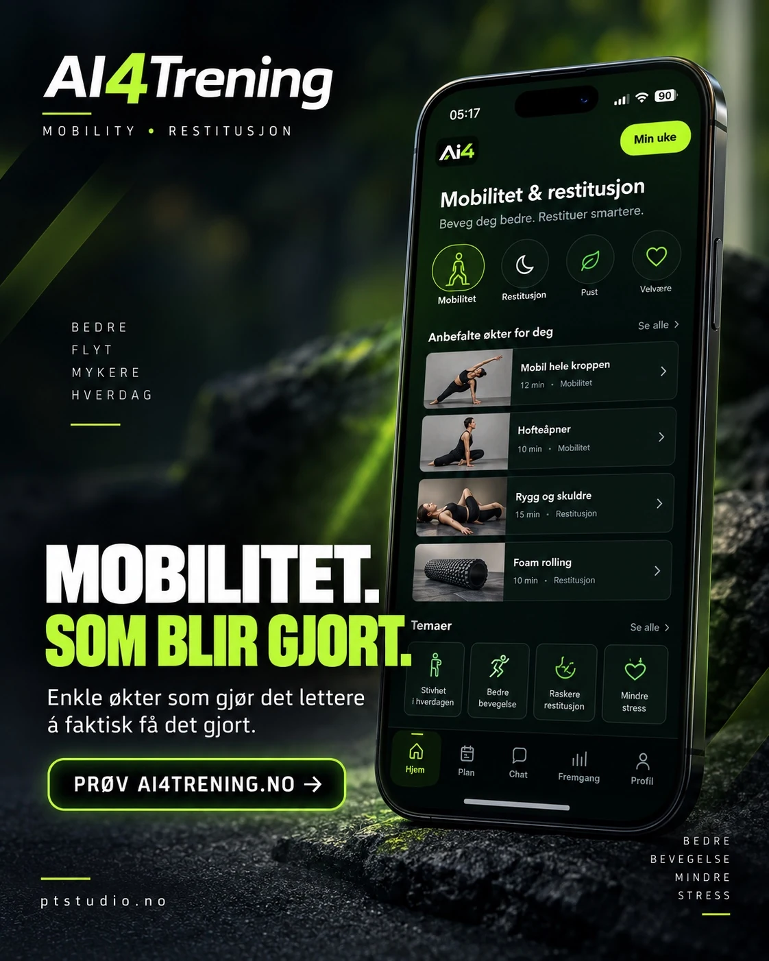 Mobilitet og restitusjon. Hel konseptplakat for AI4Trening.